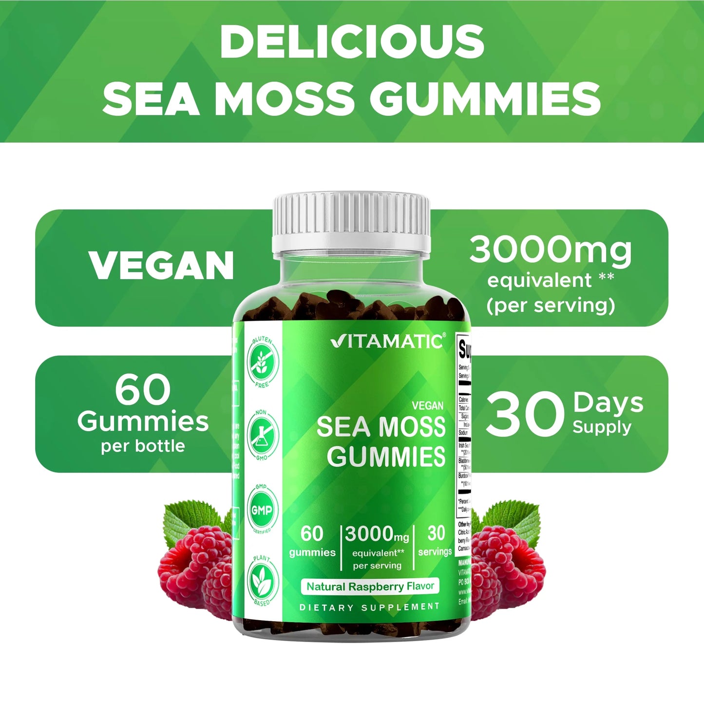 Irish Sea Moss Gummies - 3000 Mg - 60 Vegan Gummies - Made with Bladderwrack & Burdock Root - Seamoss Supplement for Thyroid, Energy, Immune Support