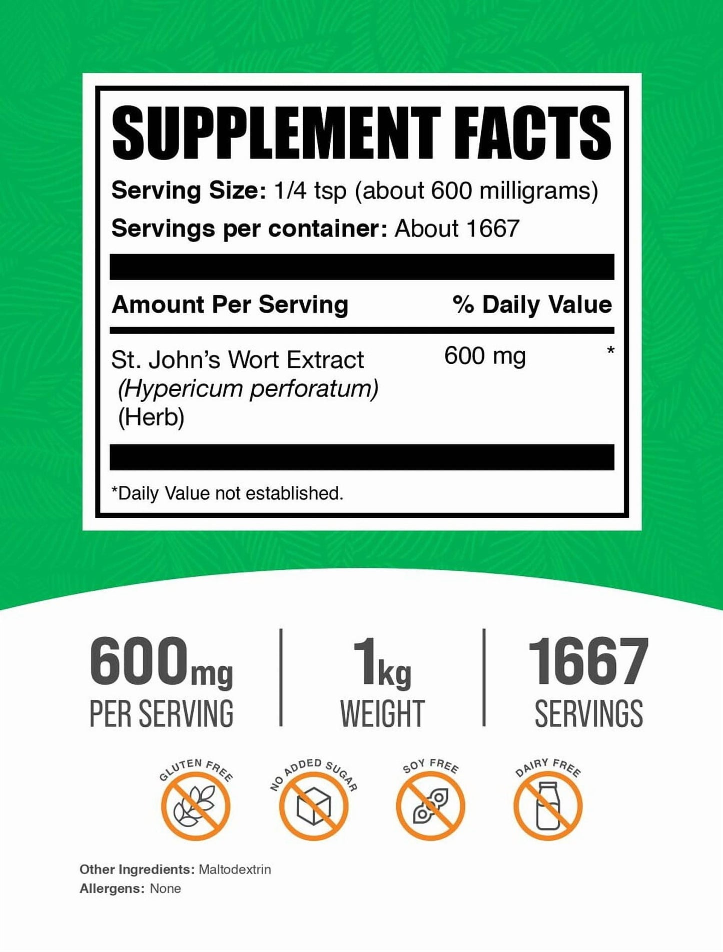 Bulksupplements St. John'S Wort Extract Powder - 600Mg per Serving - 1 Kilogram (2.2 Lbs) - 1667 Servings