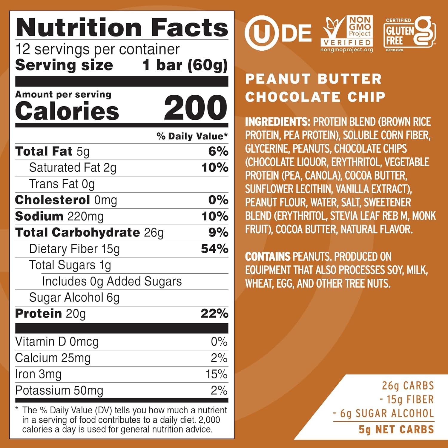 High Protein Bars, Peanut Butter Chocolate Chip - Healthy Snacks, 20G Vegan Protein, High Fiber, Low Sugar, Dairy & Gluten Free (12 Count)