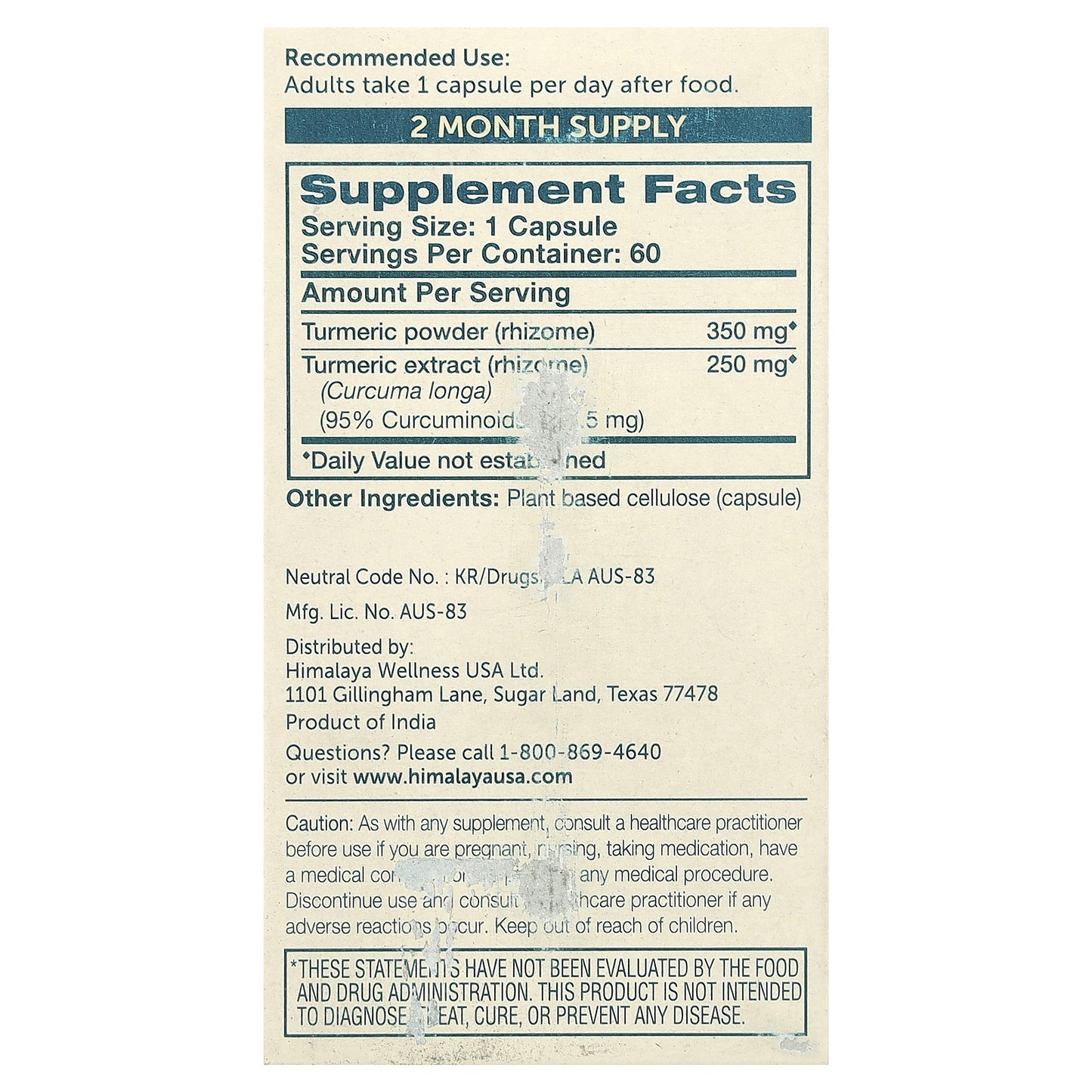 Himalaya Turmeric 95 with Curcumin 60 Vegetarian Capsules Gluten-Free,